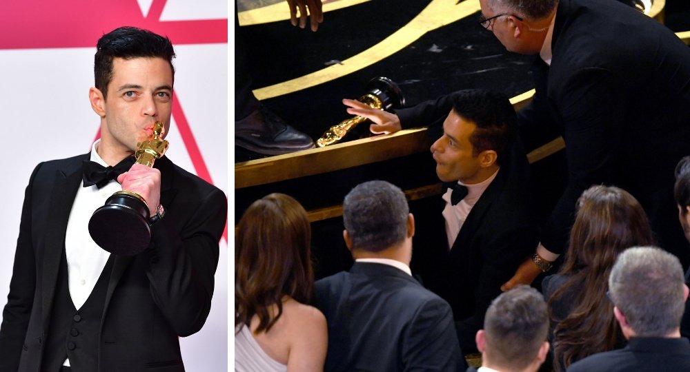 Rami Malek treated by paramedics after falling off Oscars stage