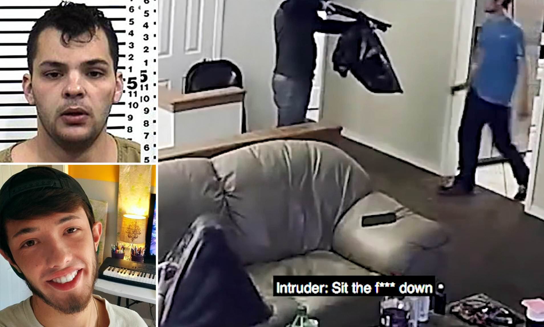 'Wrong house buster!' Shocking moment a homeowner fends off a shotgun-wielding thief who broke into the apartment looking for drugs, as his fiancée huddles in terror on the sofa