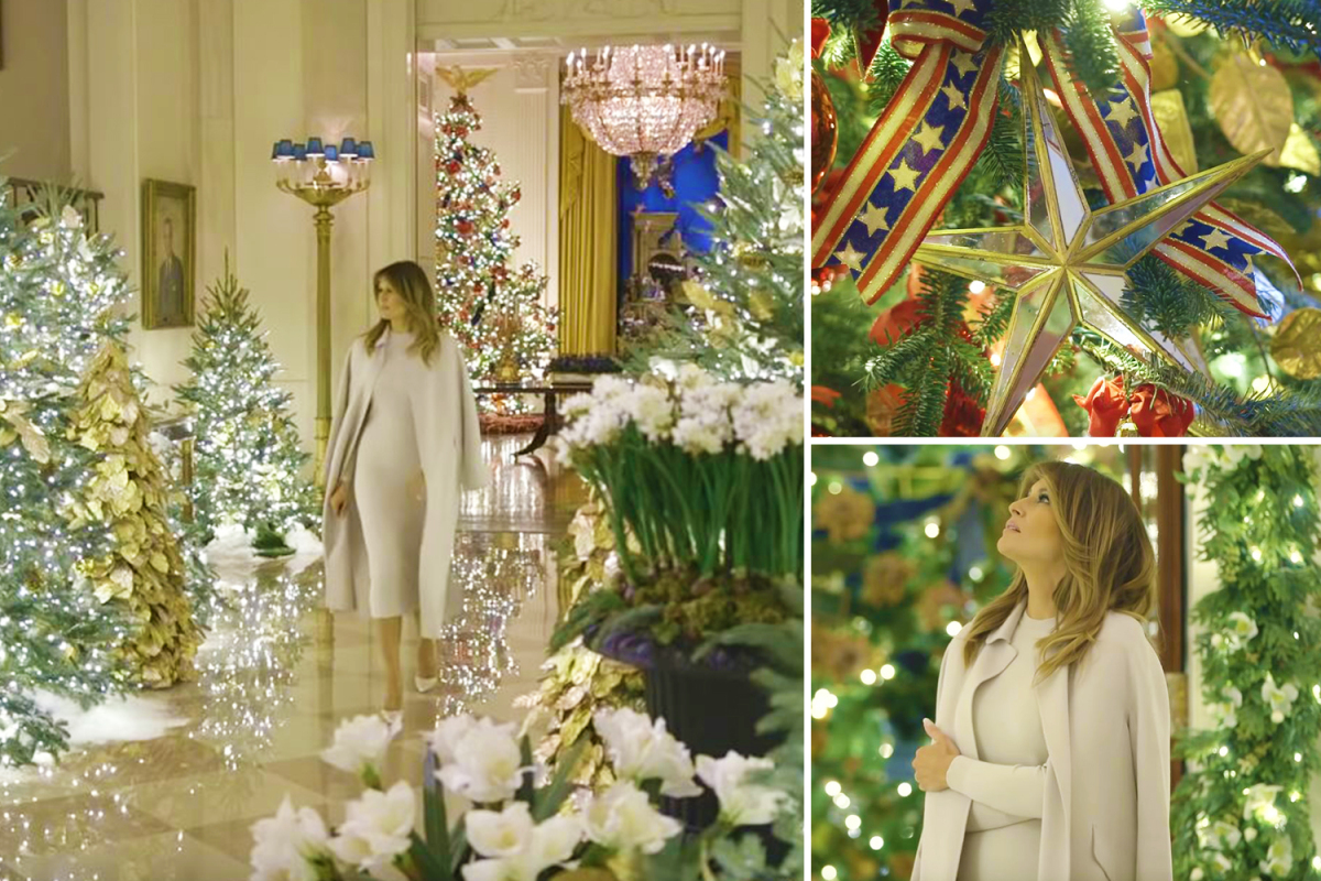 Melania Trump gets into the festive spirit as she unveils patriotic 'Spirit of America-themed' White House Christmas decorations - complete with fake snow, Stars and Stripes ornaments and enormous advent calendar